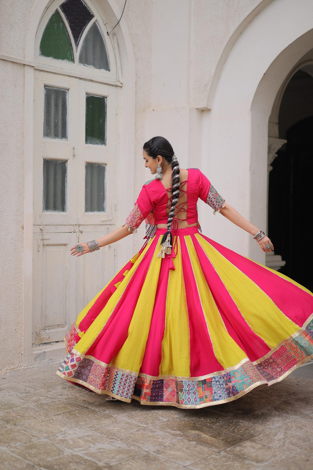 Pink Roman Maslin Crochet Print Lehenga for Navratri