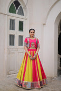 Pink Roman fabric lehenga with Maslin crochet print and Gotta lace detail, perfect for Navratri.