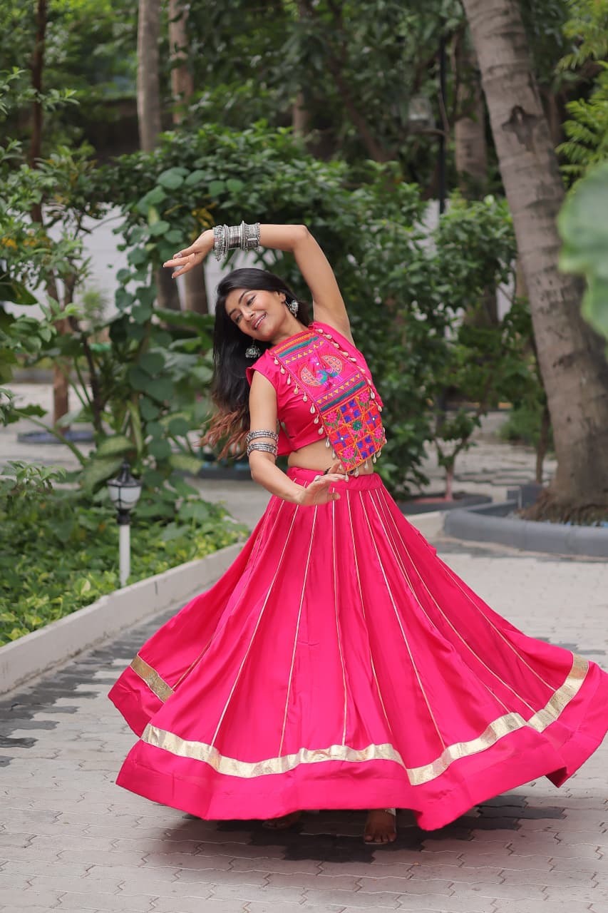 Pink Roman Silk Kutchi Gamthi Embroidered Mirror Lehenga