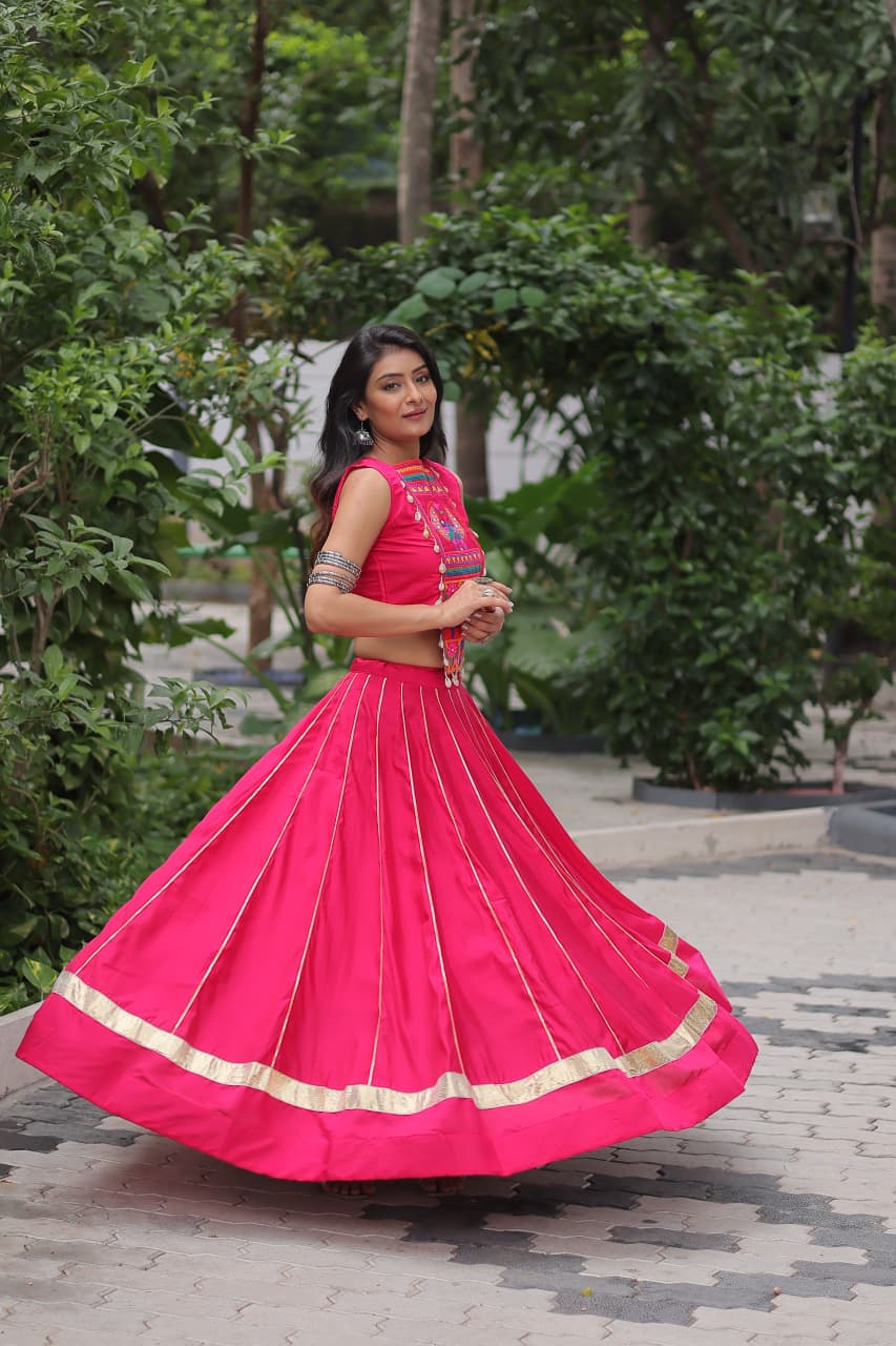 Pink Roman Silk Kutchi Gamthi Embroidered Mirror Lehenga