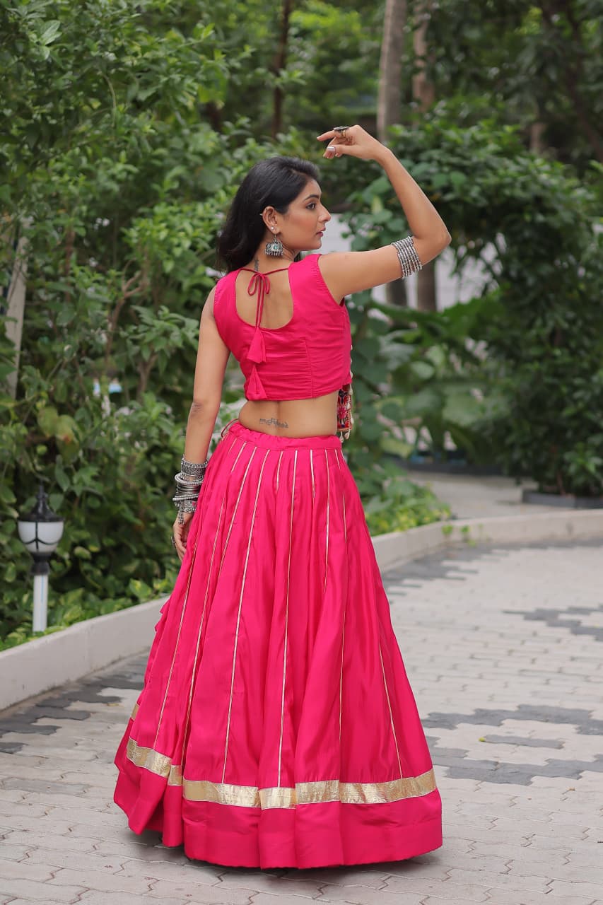 Pink Roman Silk Kutchi Gamthi Embroidered Lehenga Set