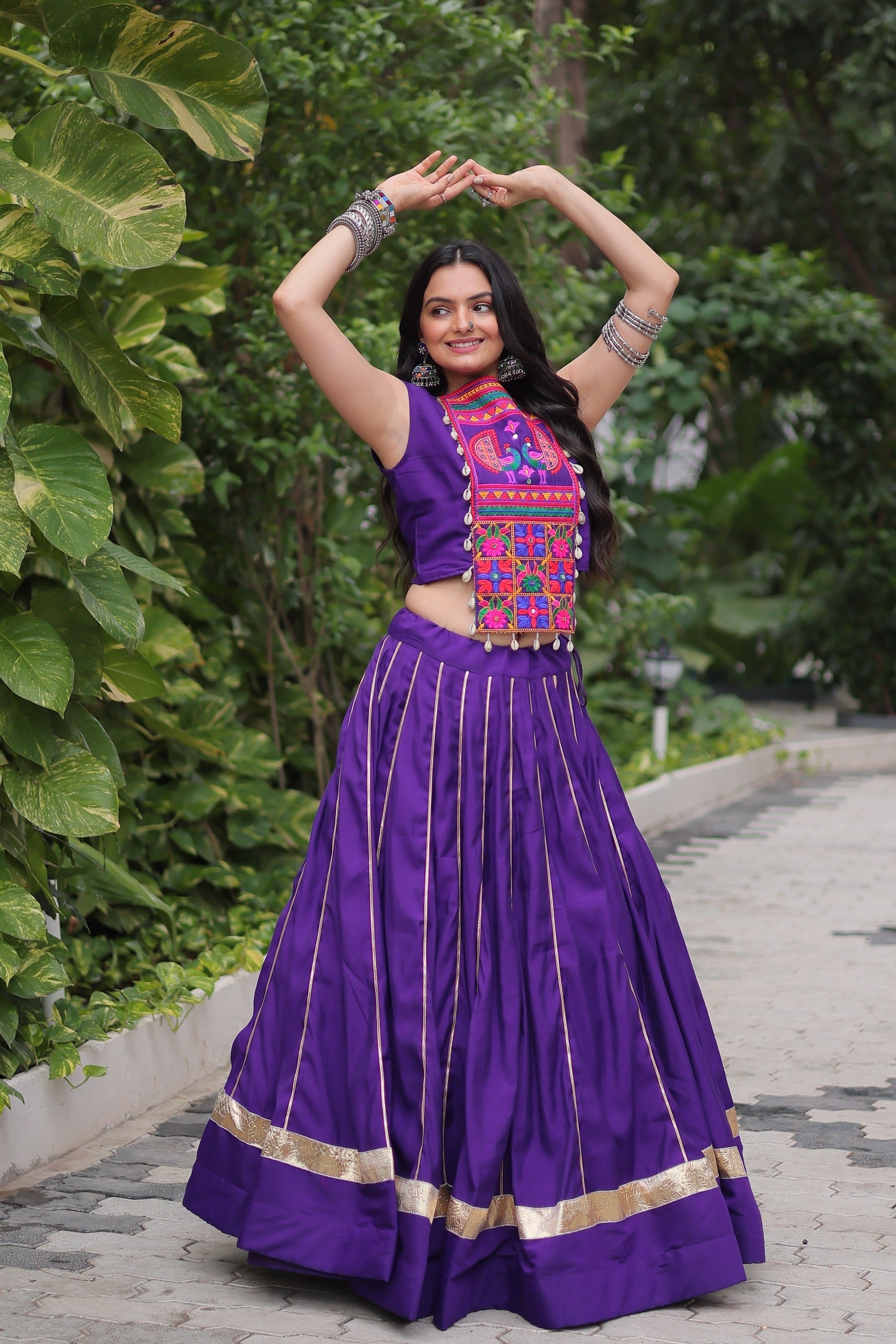 Purple Roman Silk Kutchi Gamthi Mirror Work Navaratri Lehenga