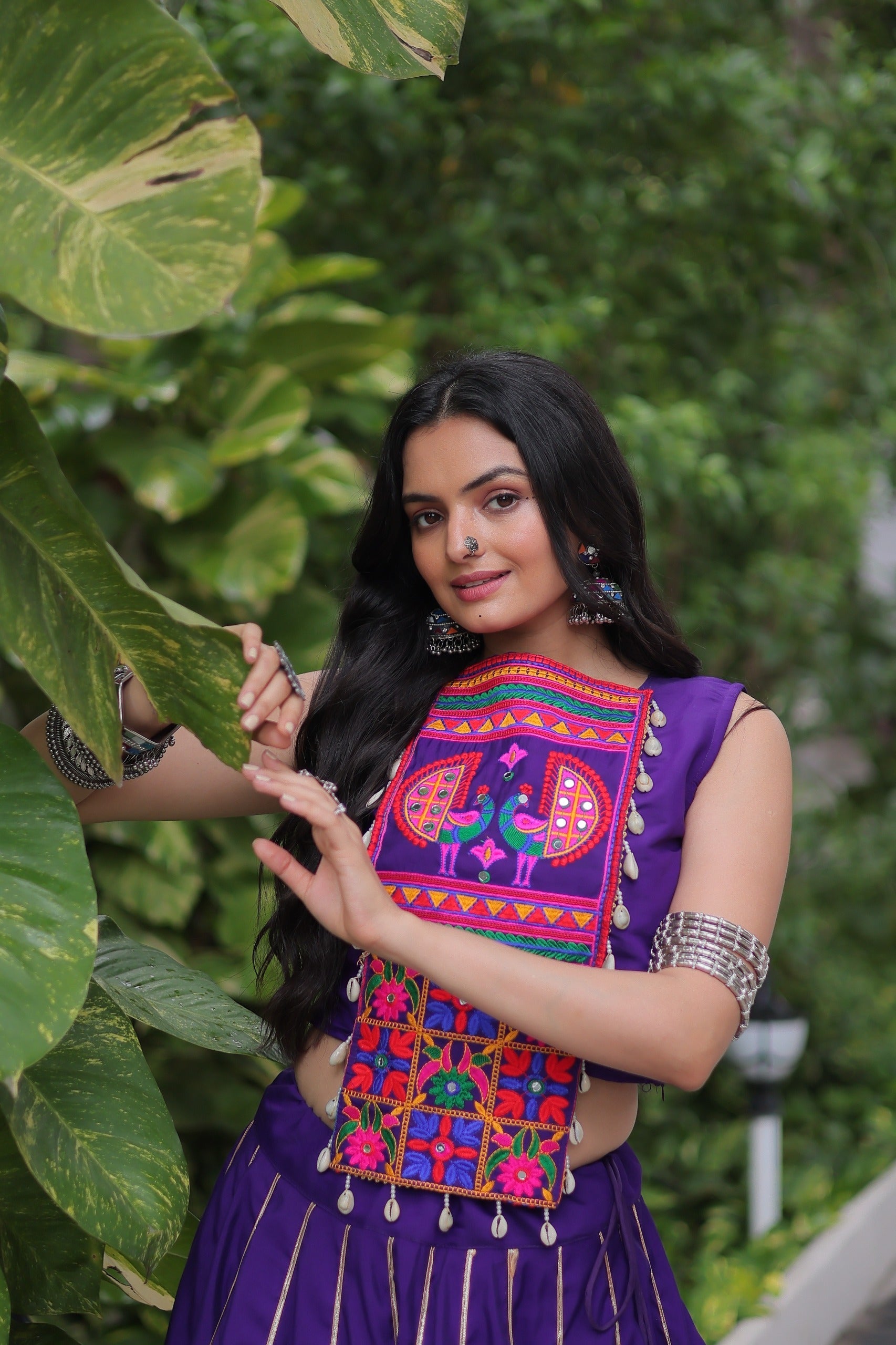 Purple Roman Silk Kutchi Gamthi Mirror Work Navaratri Lehenga