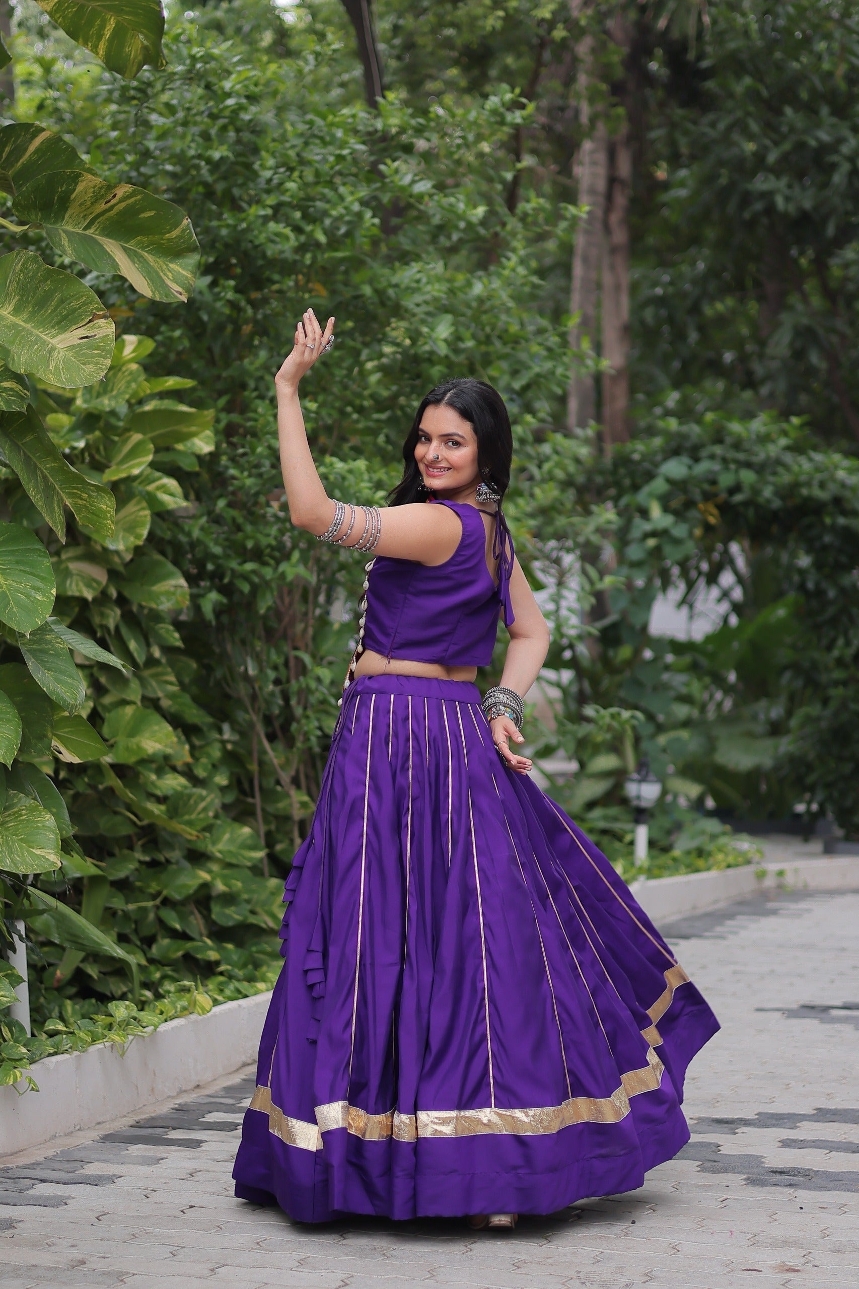 Purple Roman Silk Navaratri Lehenga with Kutchi Gamthi Mirror Work