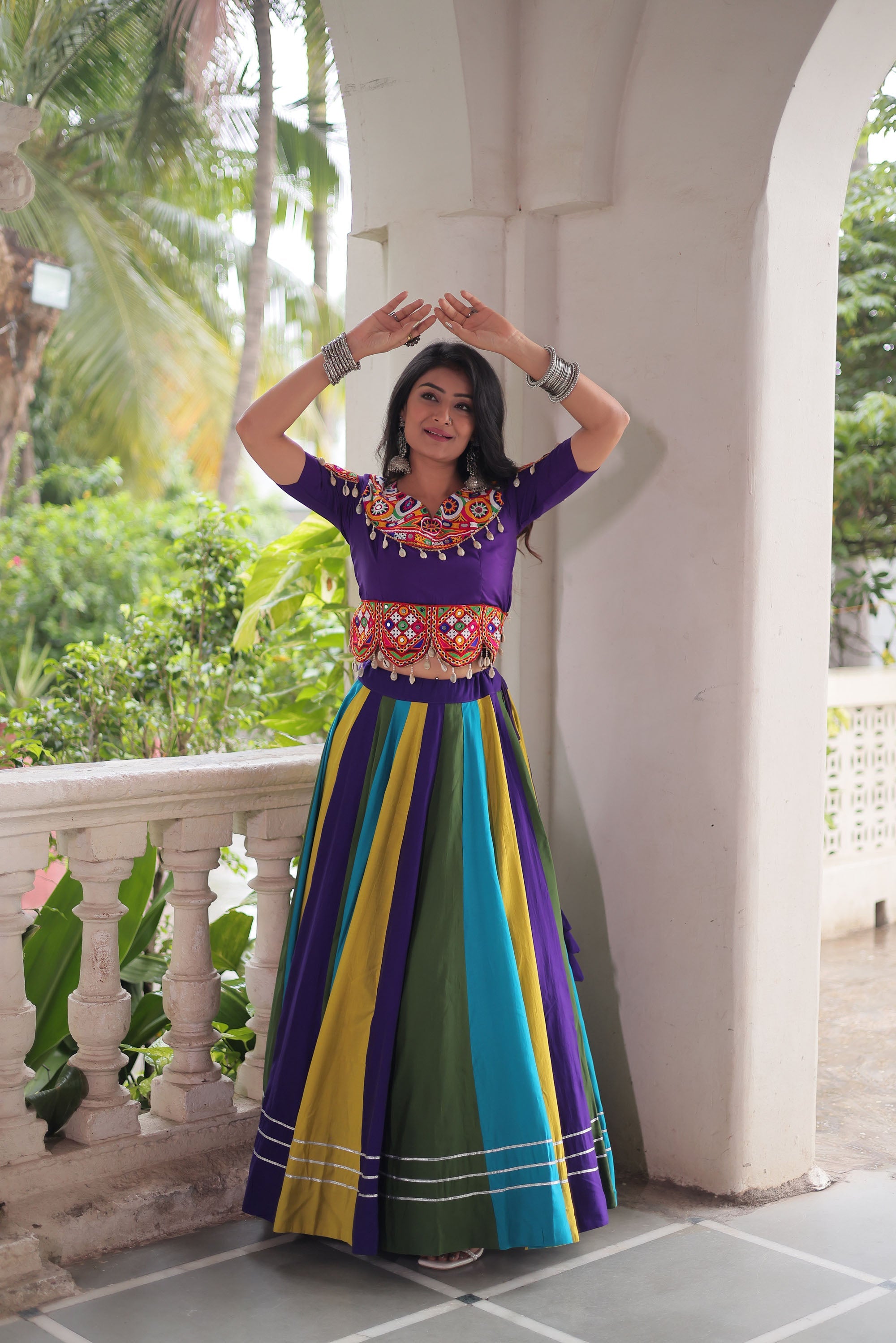 Multicolor Roman Silk Gota Lace Work Lehenga Choli Set