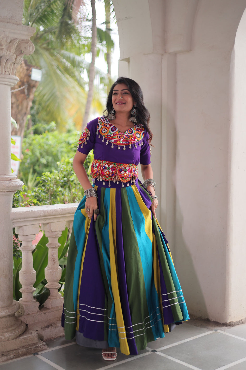 Multicolor Roman Silk Gota Lace Work Lehenga Choli Set