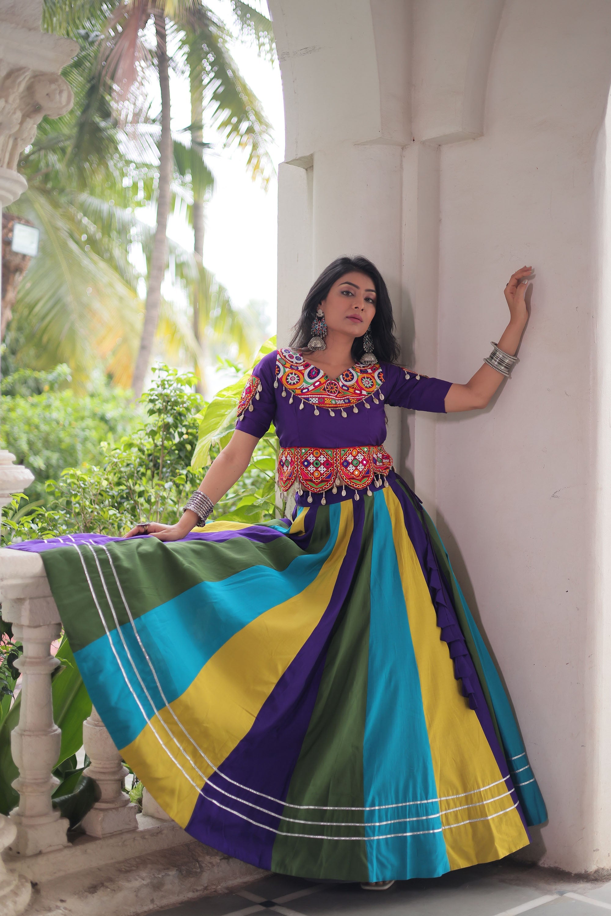 Multicolor Roman Silk Gota Lace Work Lehenga Choli Set