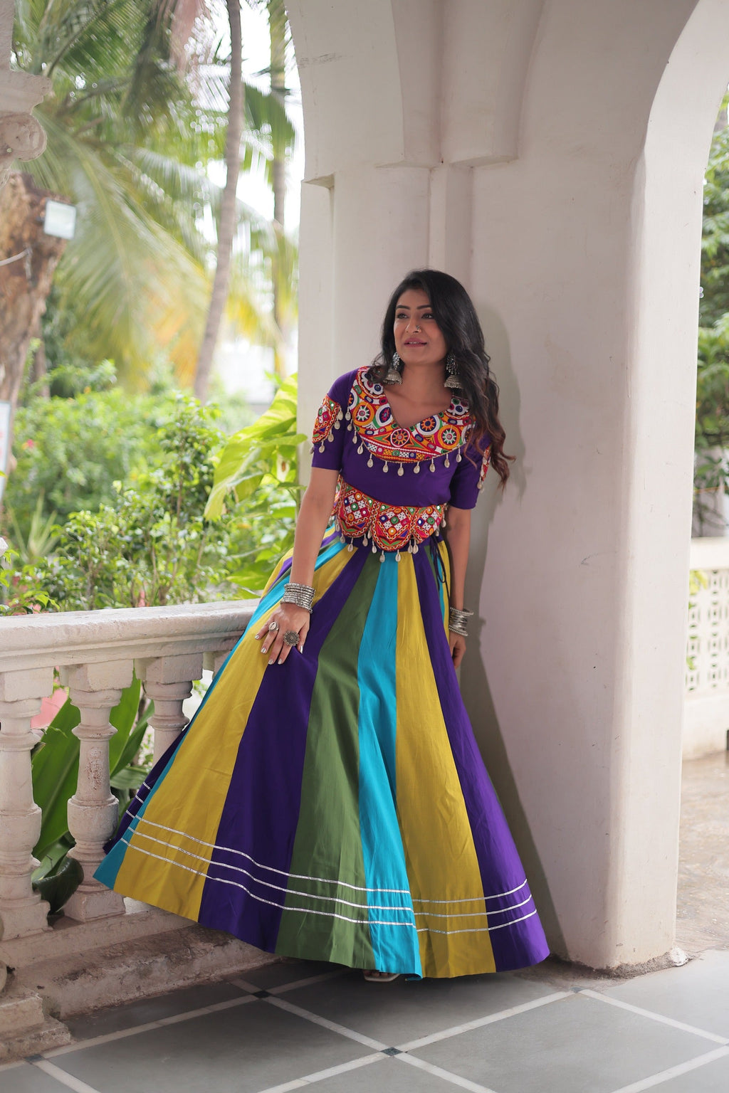 Violet Roman Cotton Gamthi Embroidered Lehenga for Navratri