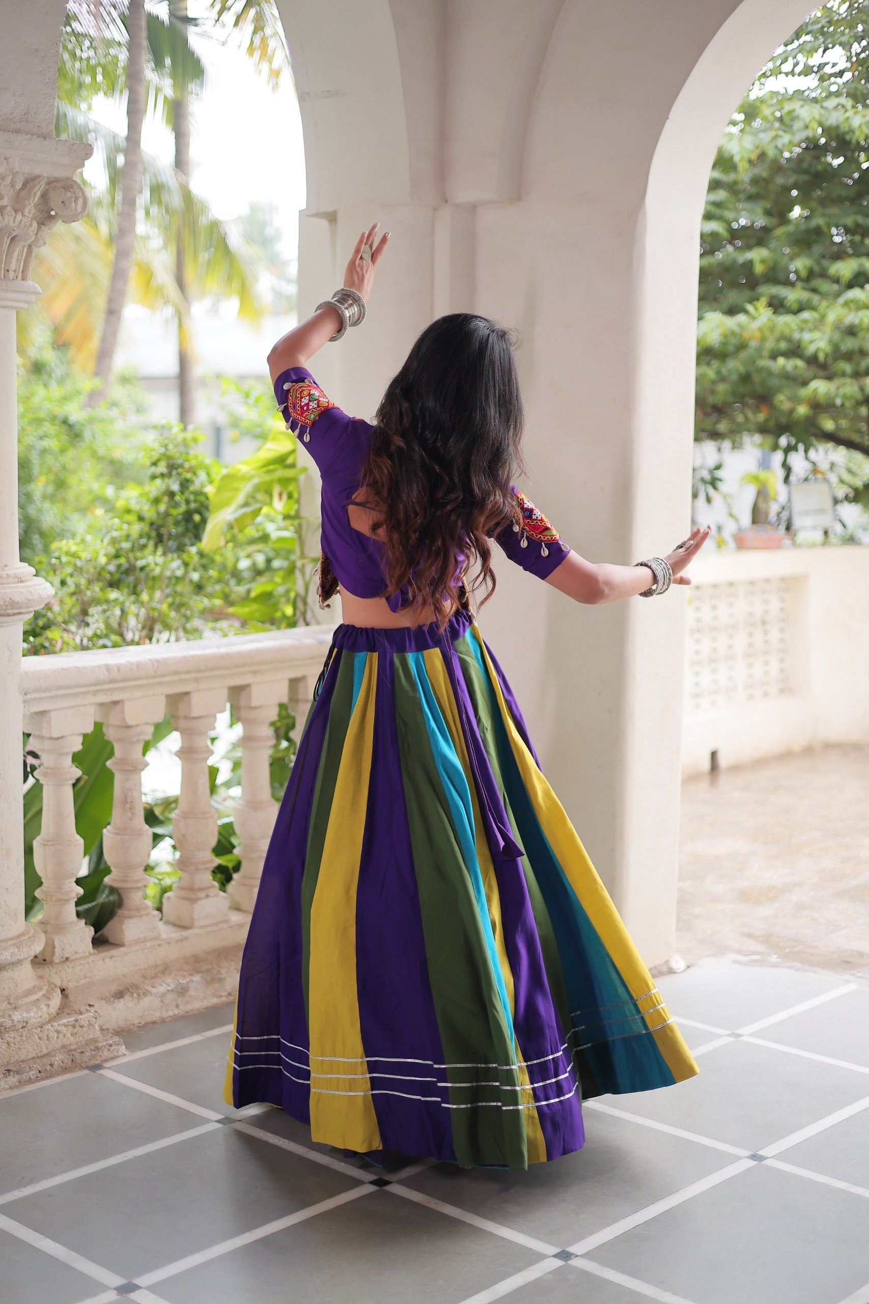 Violet Roman Cotton Gamthi Embroidered Lehenga for Navratri