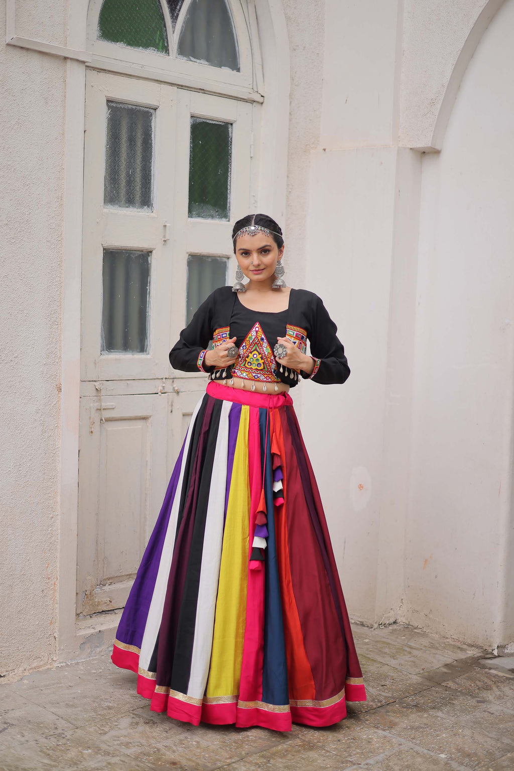 Lorenvalley Fashion Multicolor Roman Silk with Attractive Colour Combination Roman Fabrics Lace work Lehenga Choli