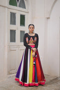 Black Roman fabric lehenga featuring traditional Gamthi embroidery and lace work