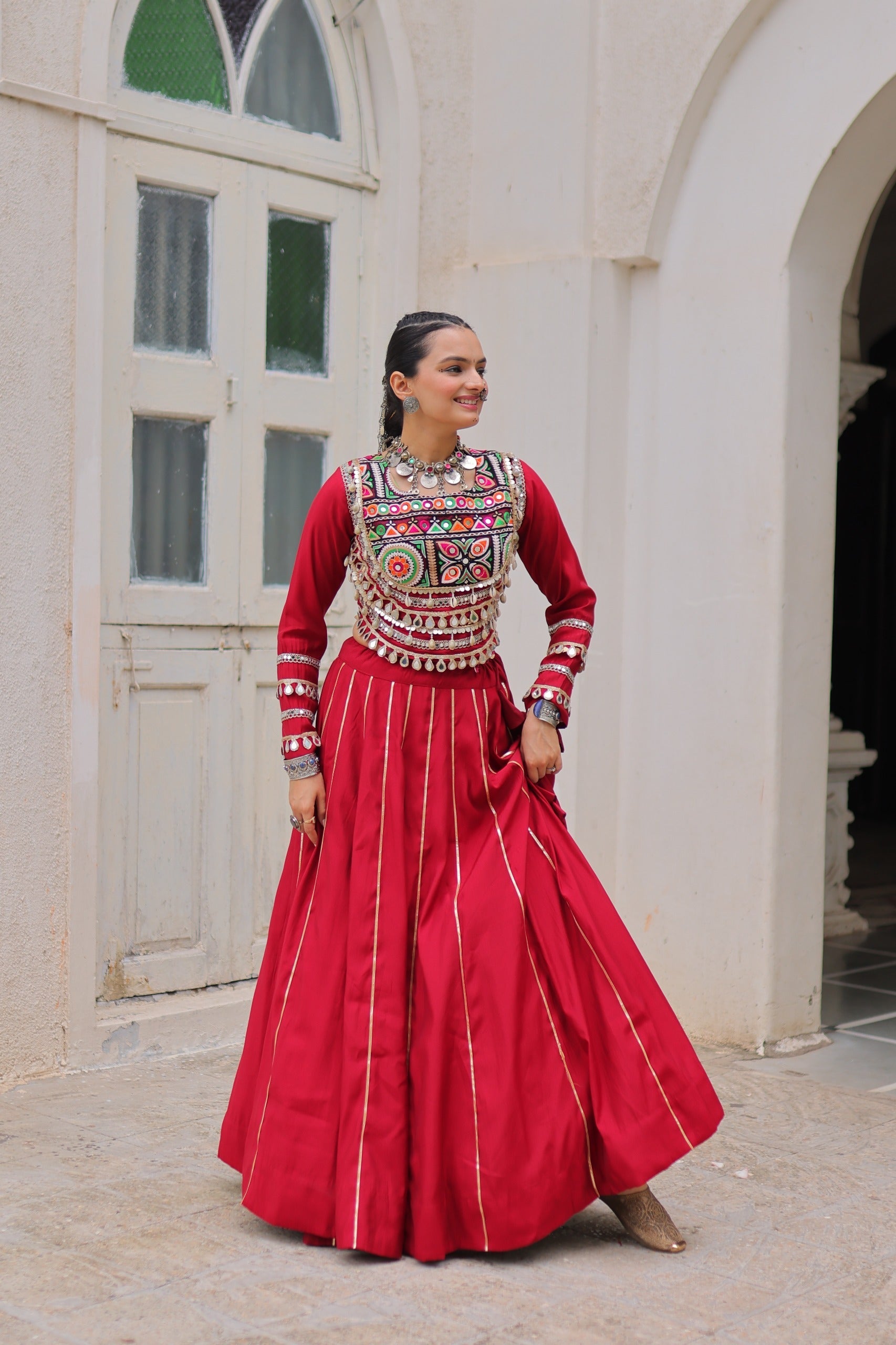 Prazu Fashion Maroon Roman Kutchi Gamthi Embroidered Work Lehenga For Navratri
