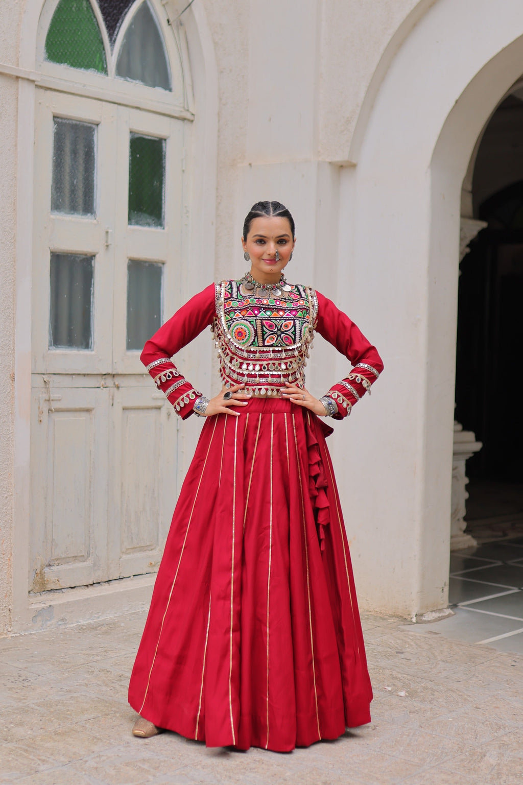 Prazu Fashion Maroon Roman Kutchi Gamthi Embroidered Work Lehenga For Navratri