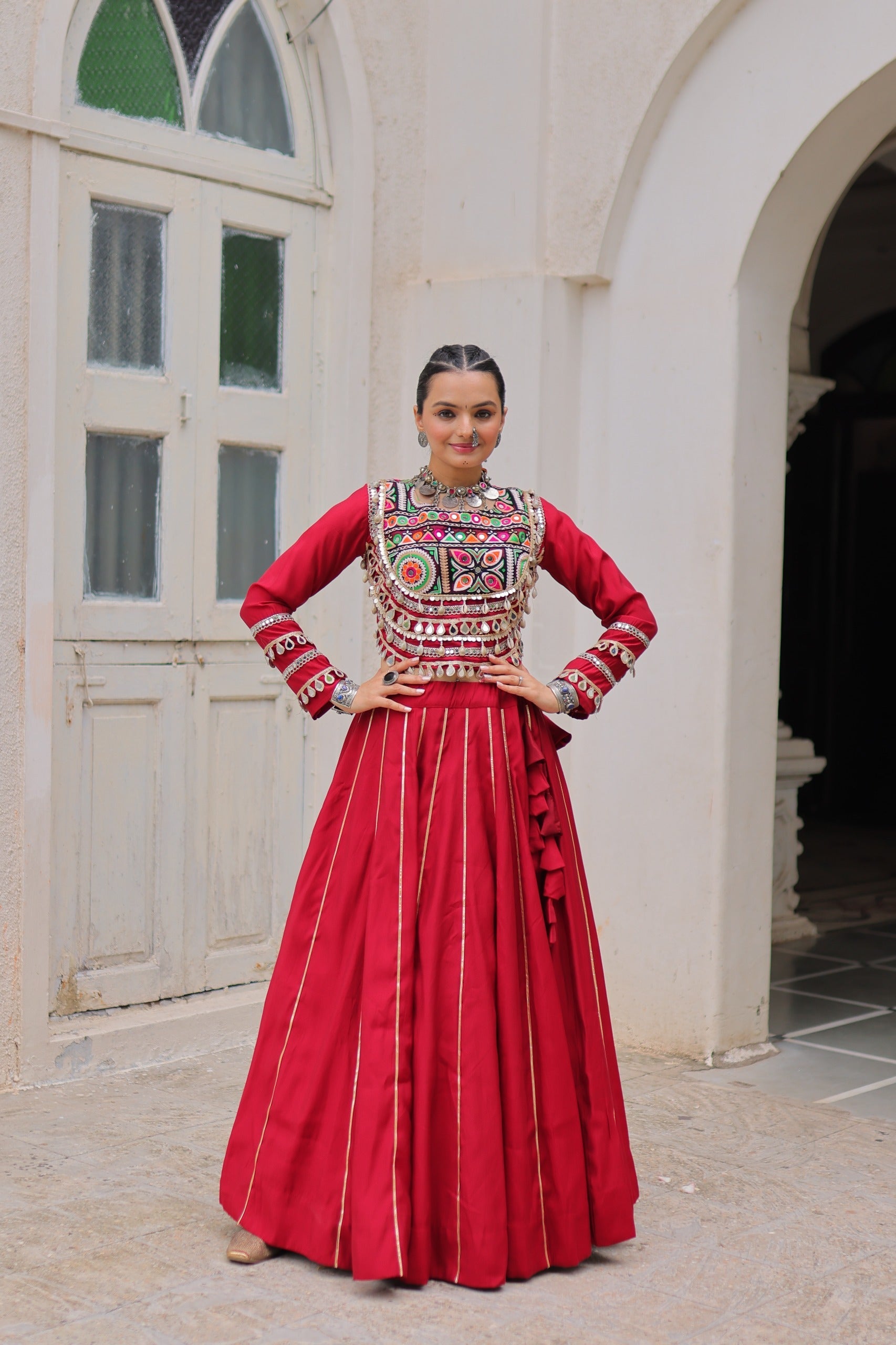 Prazu Fashion Maroon Roman Kutchi Gamthi Embroidered Work Lehenga For Navratri