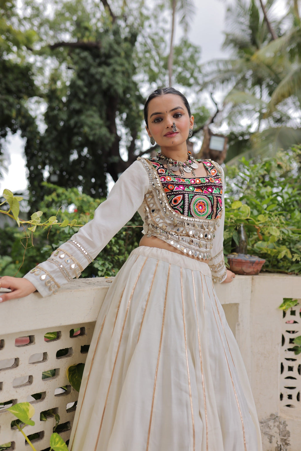 Prazu Fashion Off White Roman Kutchi Gamthi Embroidered Work Lehenga For Navratri