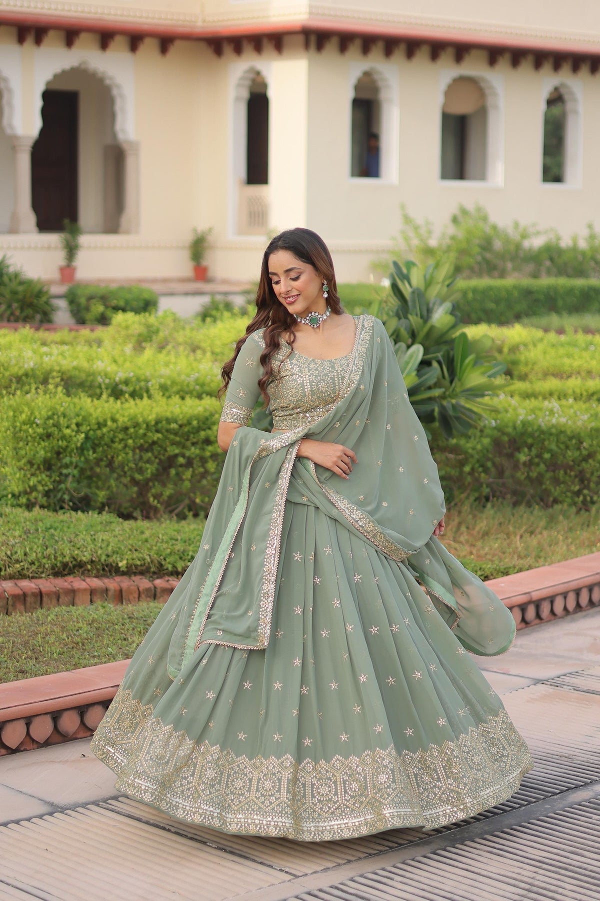 Olive Green Georgette Lehenga with Sequins and Zari Embroidery