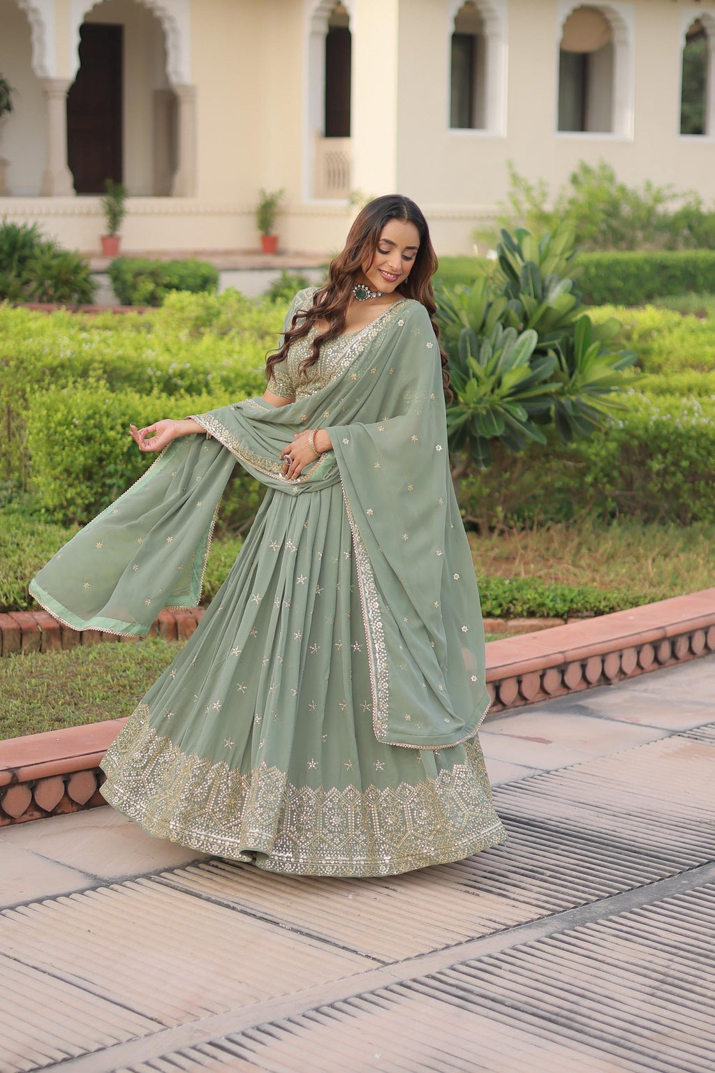 Olive Green Georgette Lehenga with Sequins and Zari Embroidery