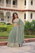 Olive Green Georgette Lehenga with Sequins and Zari Embroidery