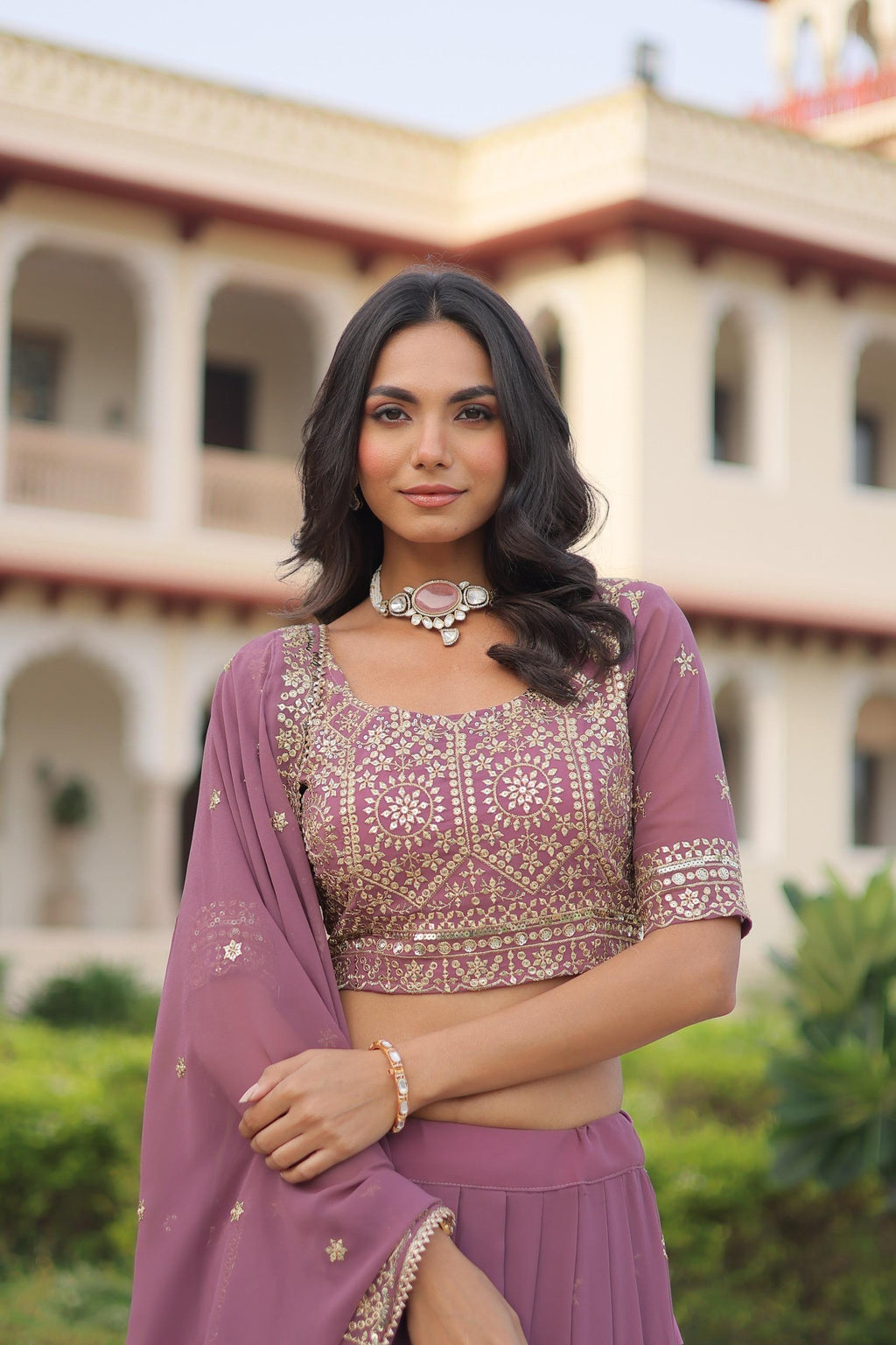 Onion Pink Georgette Lehenga with Sequins and Zari Embroidery