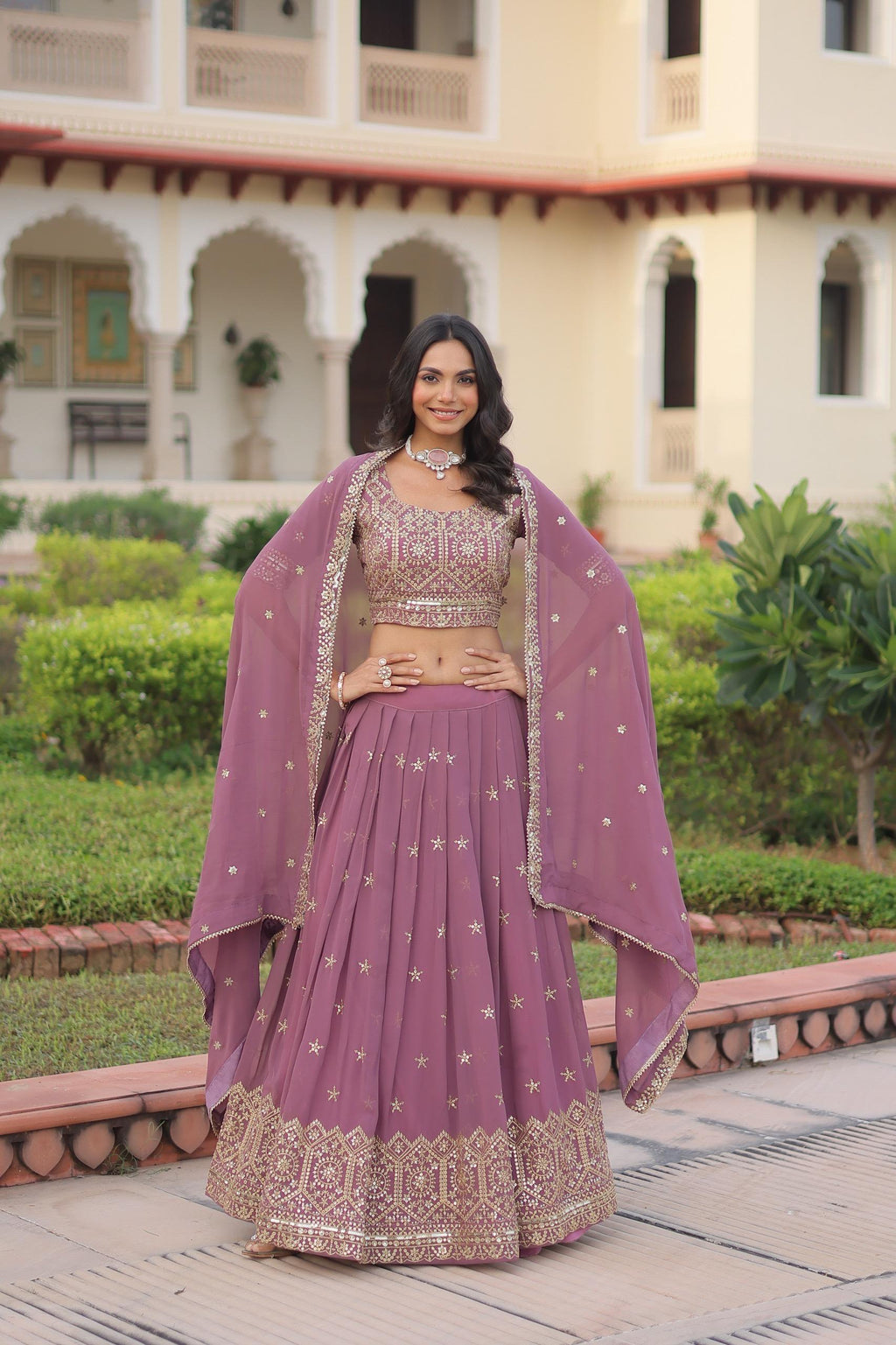 Onion Pink Georgette Lehenga with Sequins and Zari Embroidery