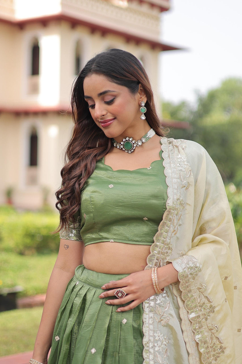 Mahendi Gold Crush Lehenga with Sequins and Zari Embroidery