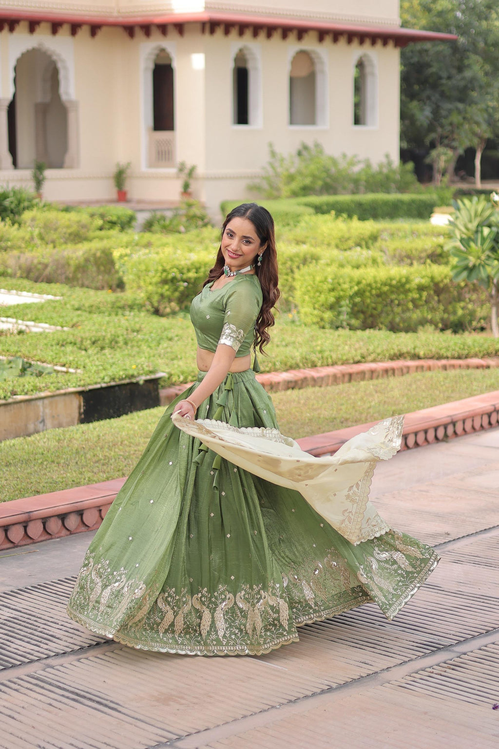 Mahendi Gold Crush Lehenga with Sequins and Zari Embroidery