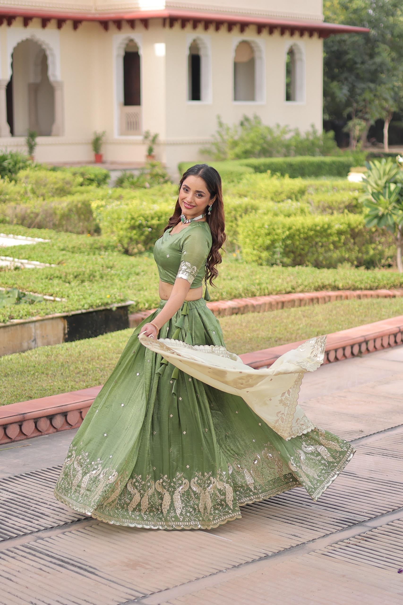 Mahendi Gold Crush Lehenga with Sequins and Zari Embroidery