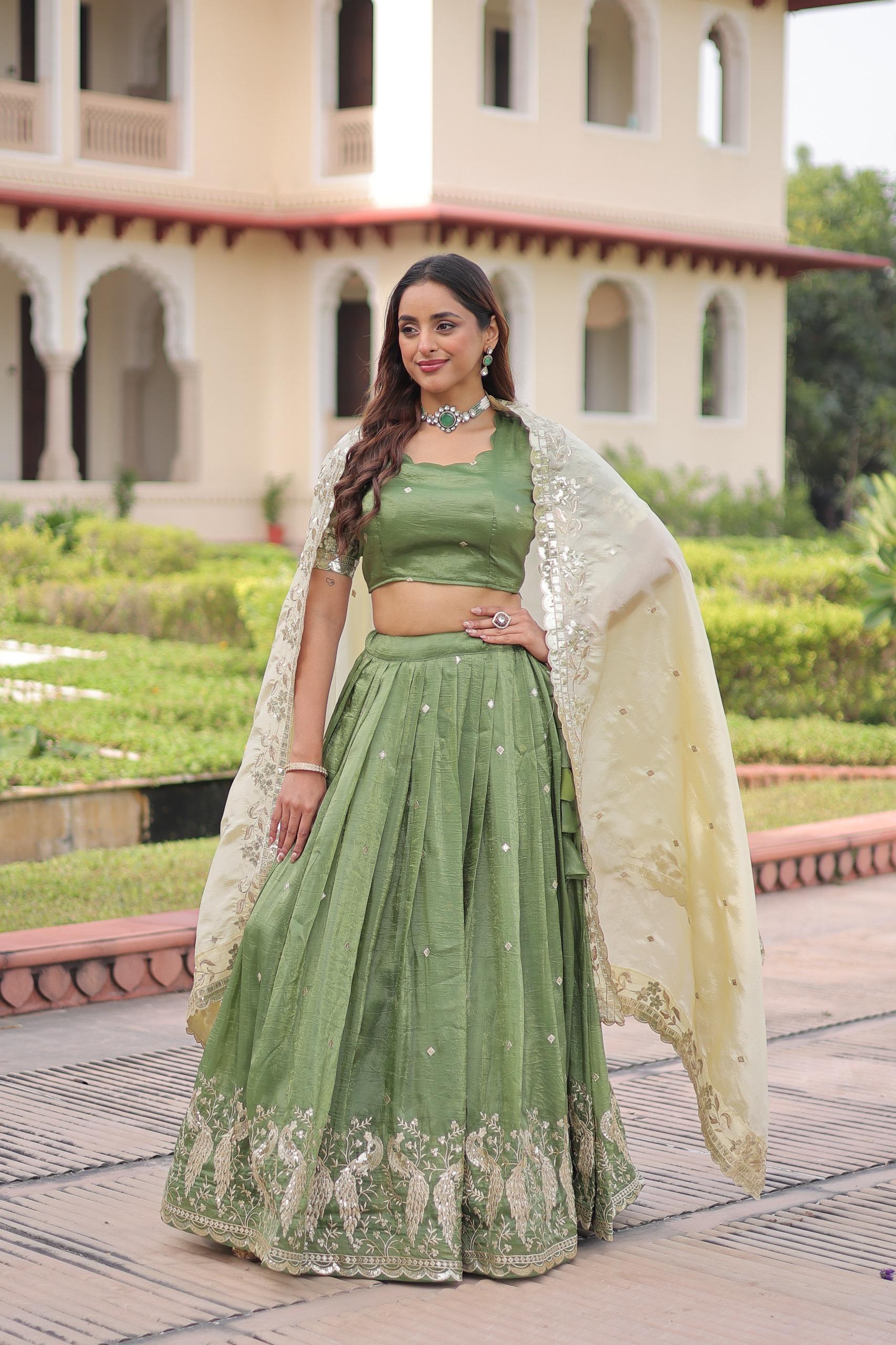 Mahendi gold crush lehenga with intricate sequins and zari embroidery