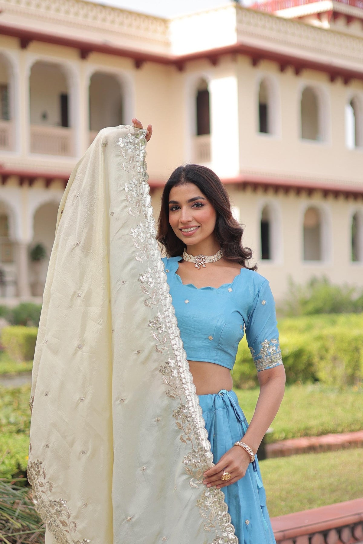Sky Blue Gold Crush Lehenga with Sequins and Zari Embroidery