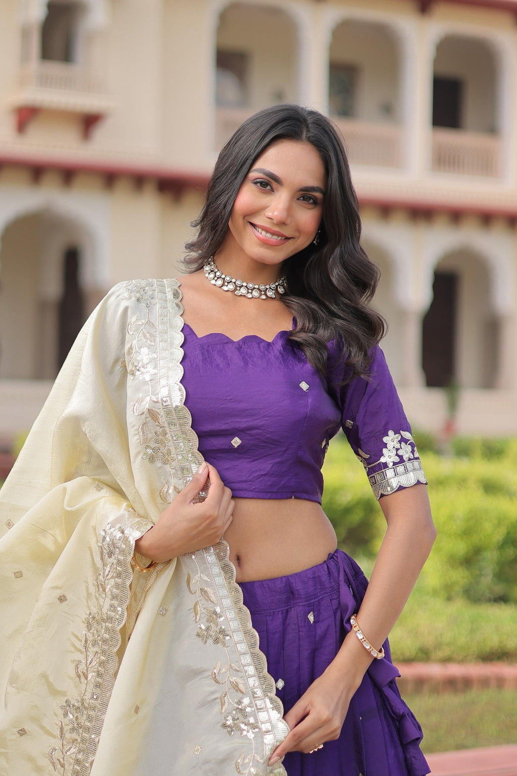 Violet Gold Crush Lehenga with Sequins and Zari Embroidered Work