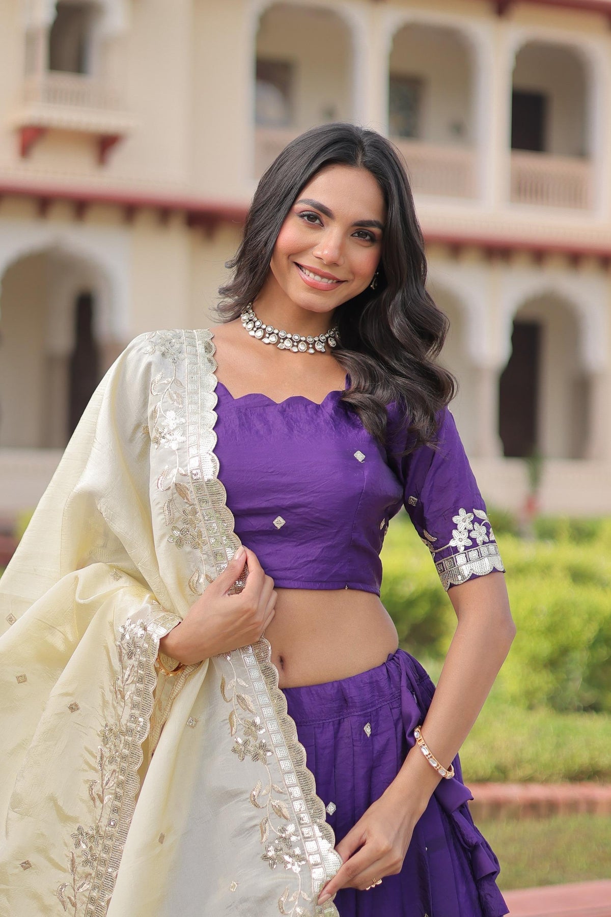 Violet Gold Crush Lehenga with Sequins and Zari Embroidered Work