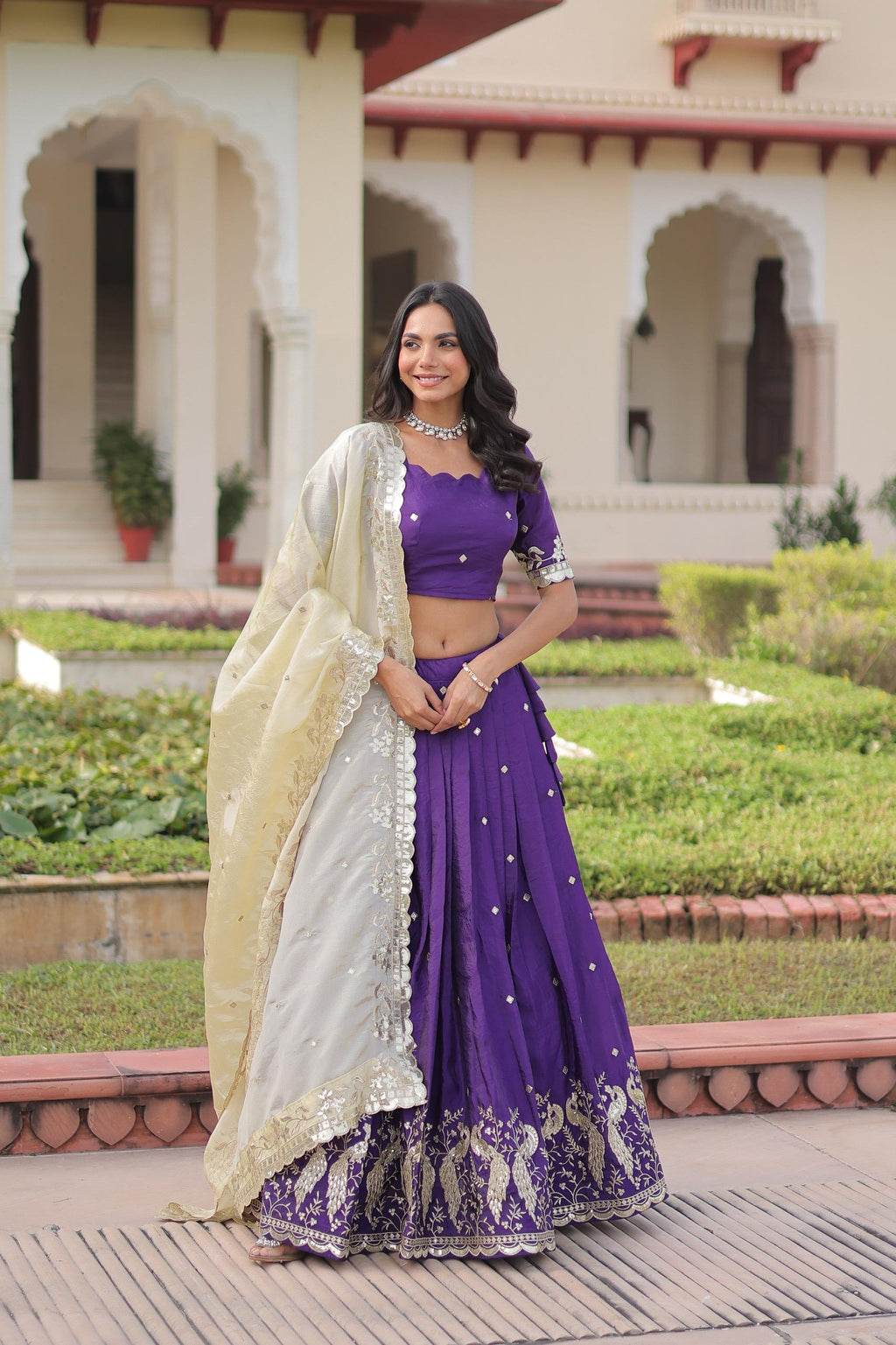 Violet Gold Crush Lehenga with Sequins and Zari Embroidered Work