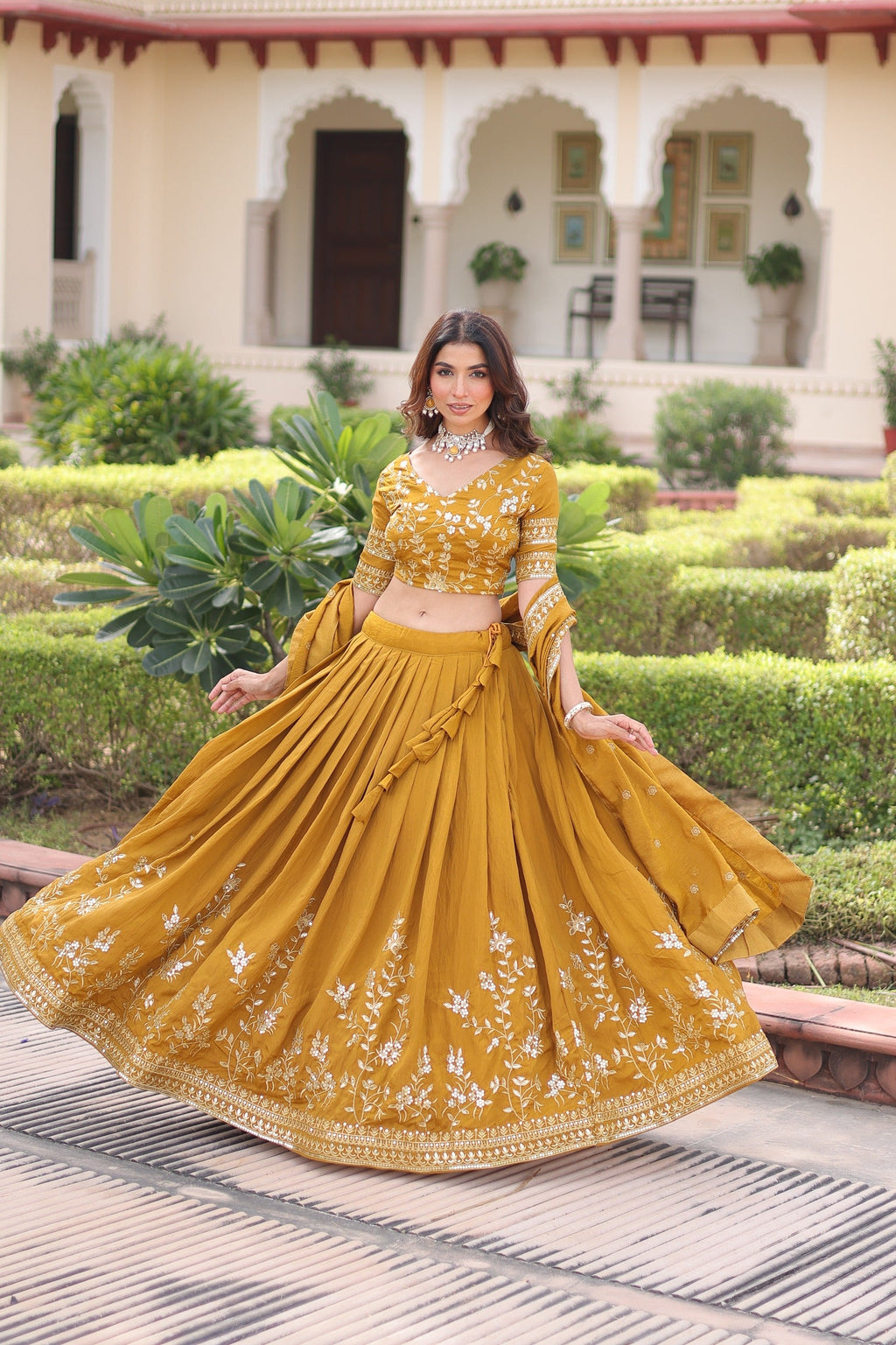 Mustard Vichitra Silk Lehenga with Heavy Sequins and Zari Work