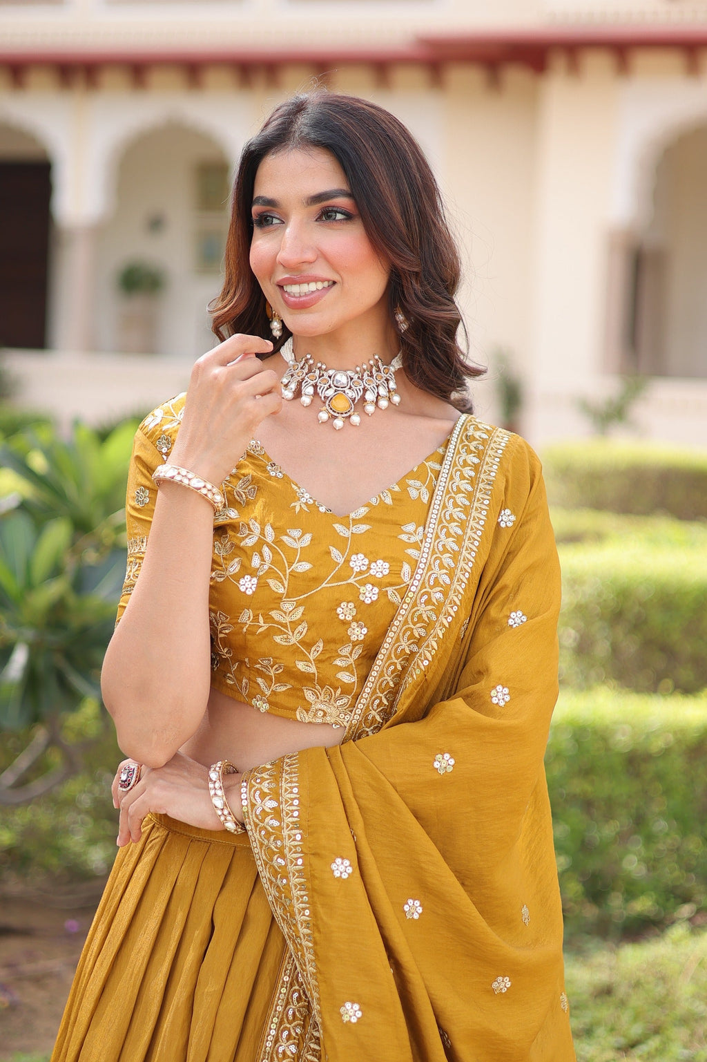 Mustard Vichitra Silk Lehenga with Heavy Sequins and Zari Work