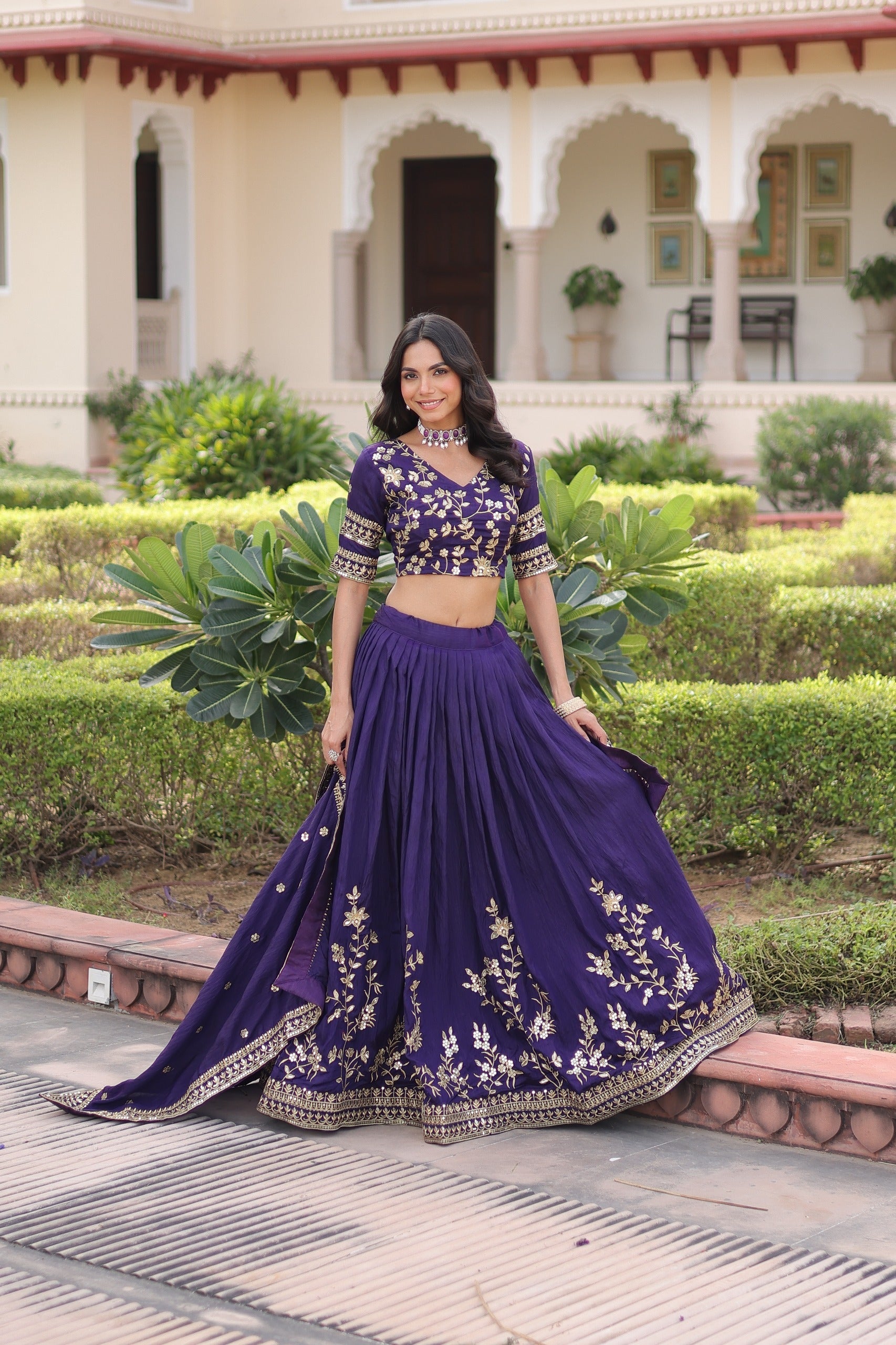 Purple Vichitra Silk Lehenga with Heavy Sequins & Zari Embroidery
