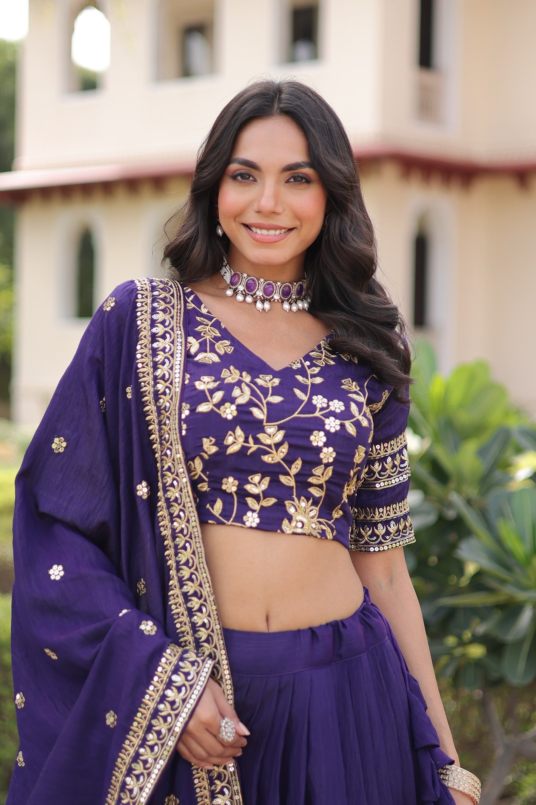 Purple Vichitra Silk Lehenga with Heavy Sequins & Zari Embroidery