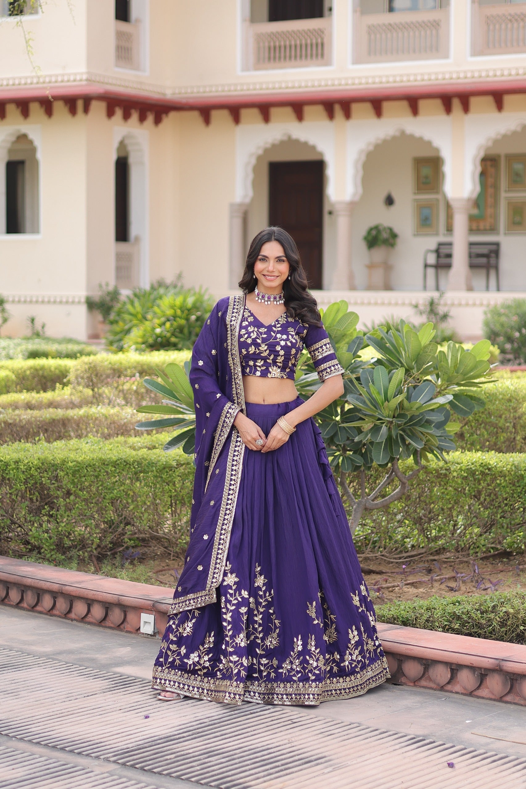Purple Vichitra silk lehenga skirt with heavy gold zari embroidery and sequin work