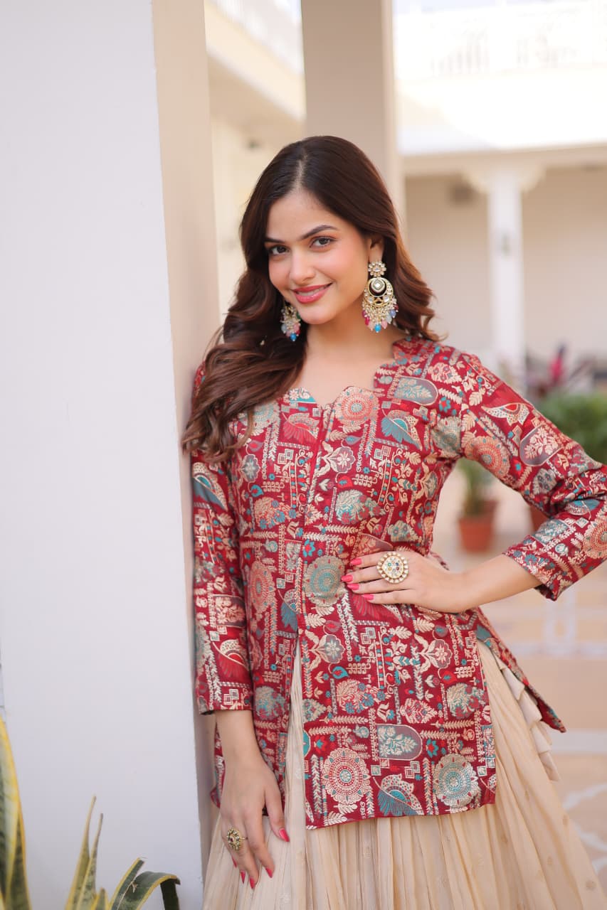 Maroon Cosmos Weaving Jacquard Designer Lehenga with Cotton Lining