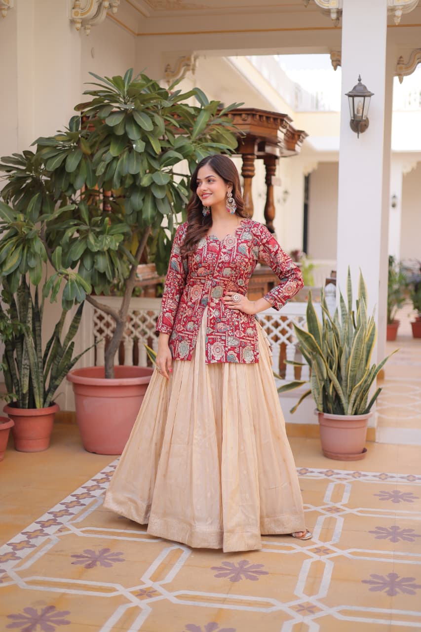 Maroon Cosmos Weaving Jacquard Designer Lehenga with Cotton Lining