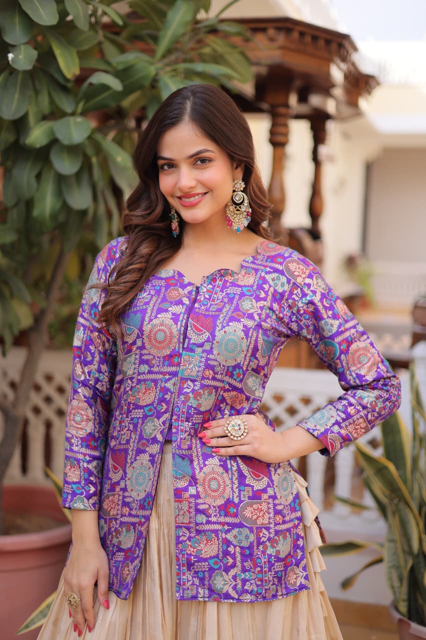 Purple Cosmos Weaving Jacquard Designer Lehenga Full-Stitched