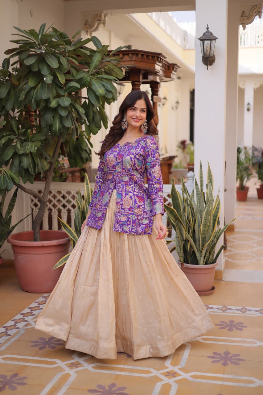 A full-view of a Purple Cosmos Weaving Jacquard Designer Lehenga featuring intricate patterns and a 3-meter flair.