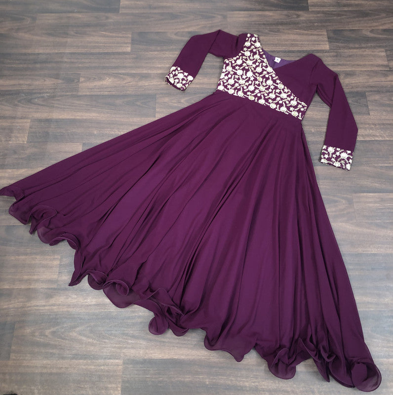 Women's Wine Faux Blooming Sequins Embroidered Anarkali