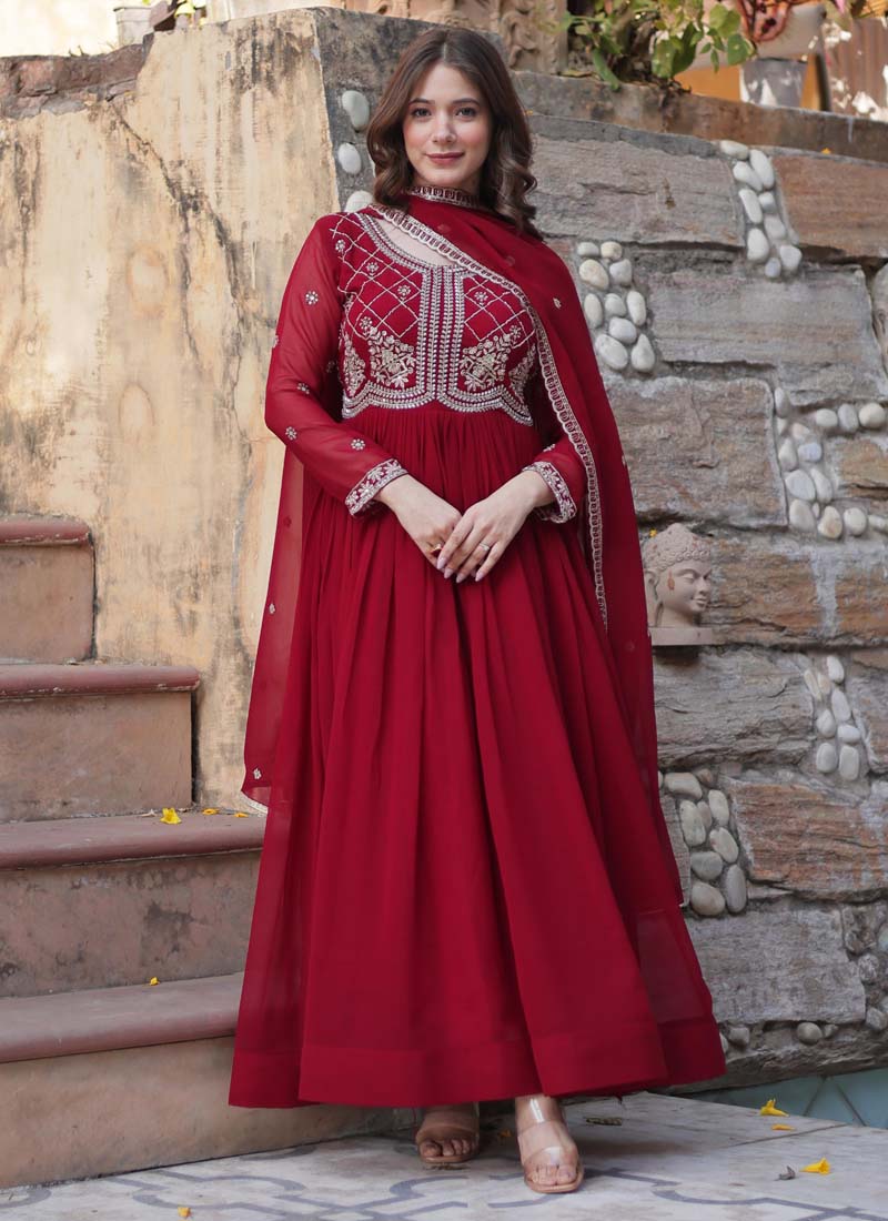 Maroon Georgette Sequence Embroidered Gown With Dupatta