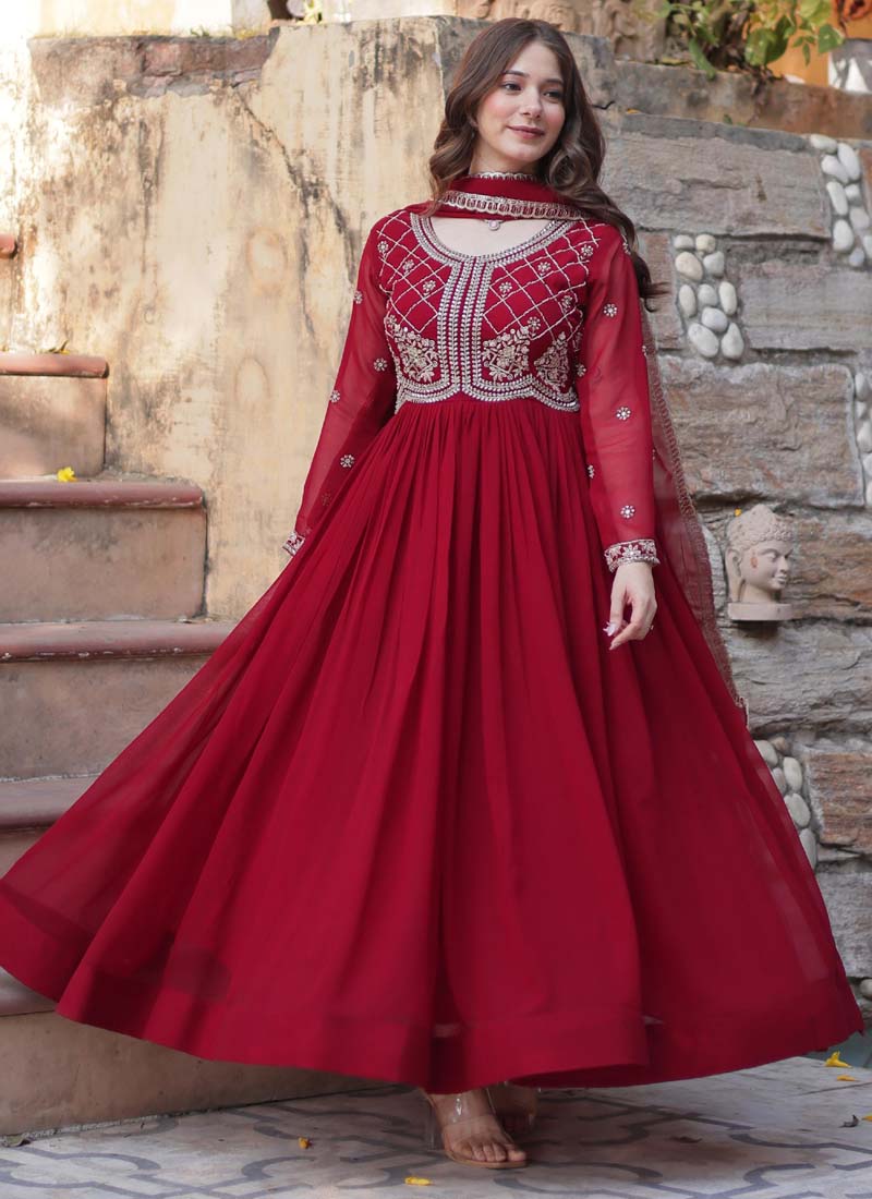 Maroon Georgette Sequence Embroidered Gown With Dupatta