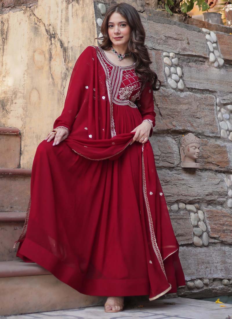 Maroon Georgette Sequence Embroidered Gown With Dupatta