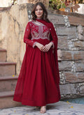 Maroon georgette gown featuring detailed sequence embroidery and a matching dupatta