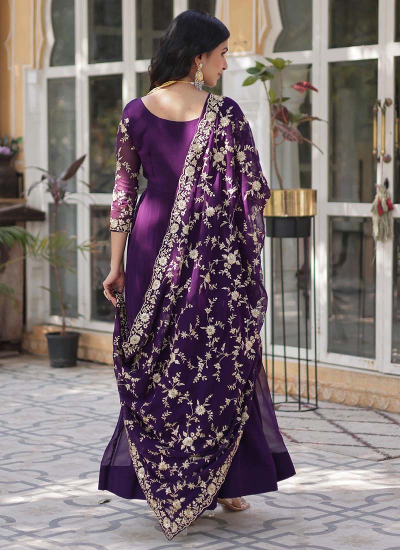 Prazu Fashion Purple Georgette Embroidered Sequence Gown With Dupatta