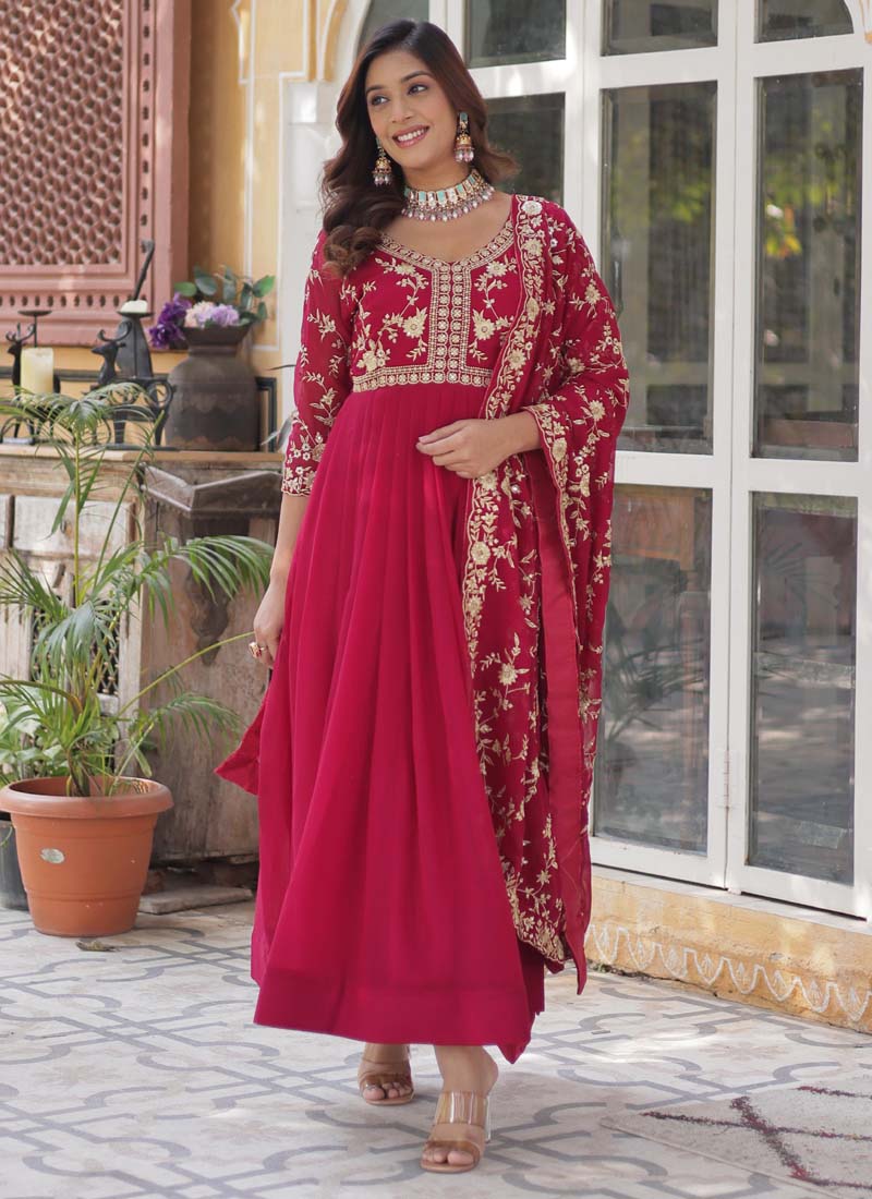 Red Georgette Sequined Embroidered Gown with Dupatta
