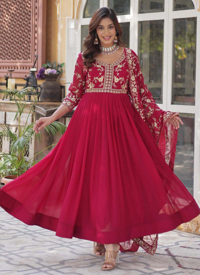 Red Georgette Sequined Embroidered Gown with Dupatta