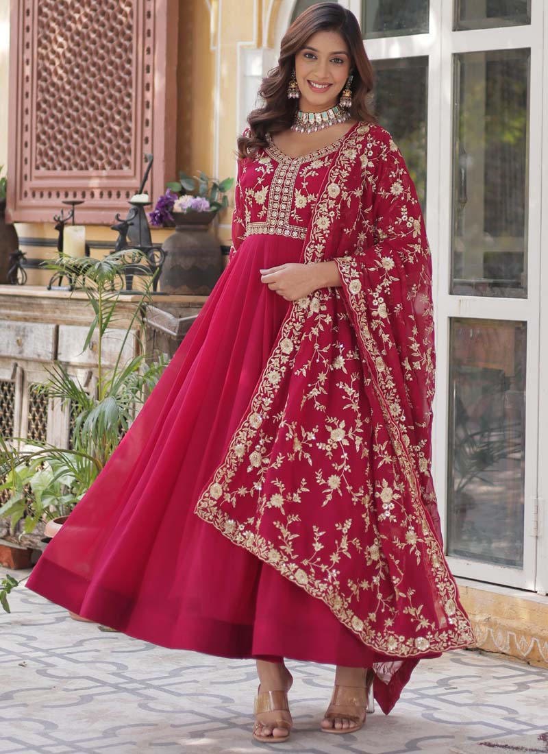 Red Georgette Sequined Embroidered Gown with Dupatta